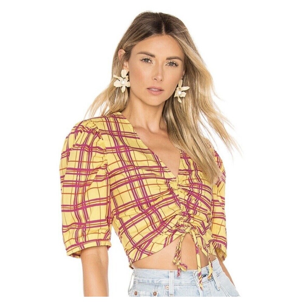 L’academie The Brys Blouse Yellow Plaid Cropped Top Revolve Women’s Size M
